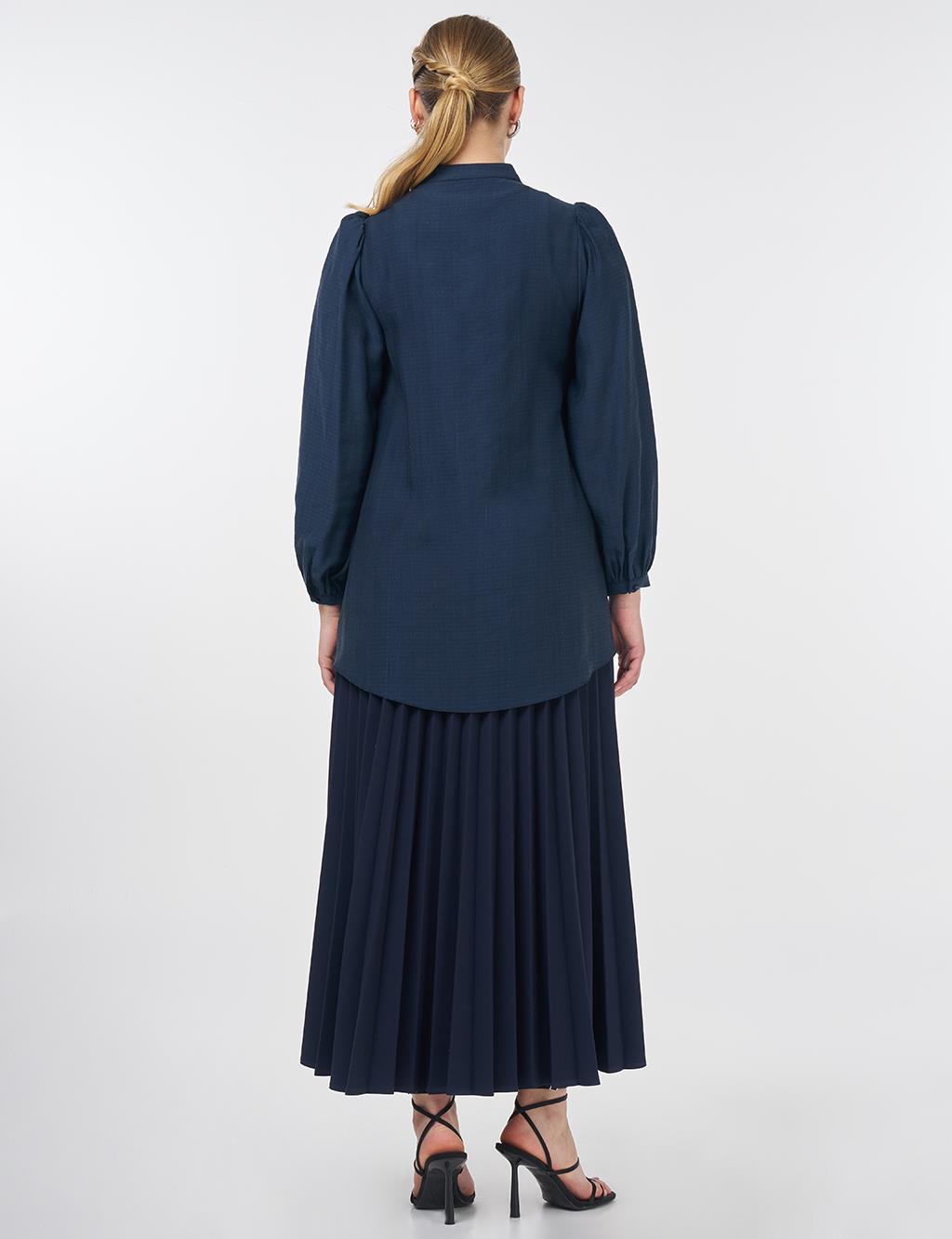 Mandarin Collar Lyocell Blouse Navy