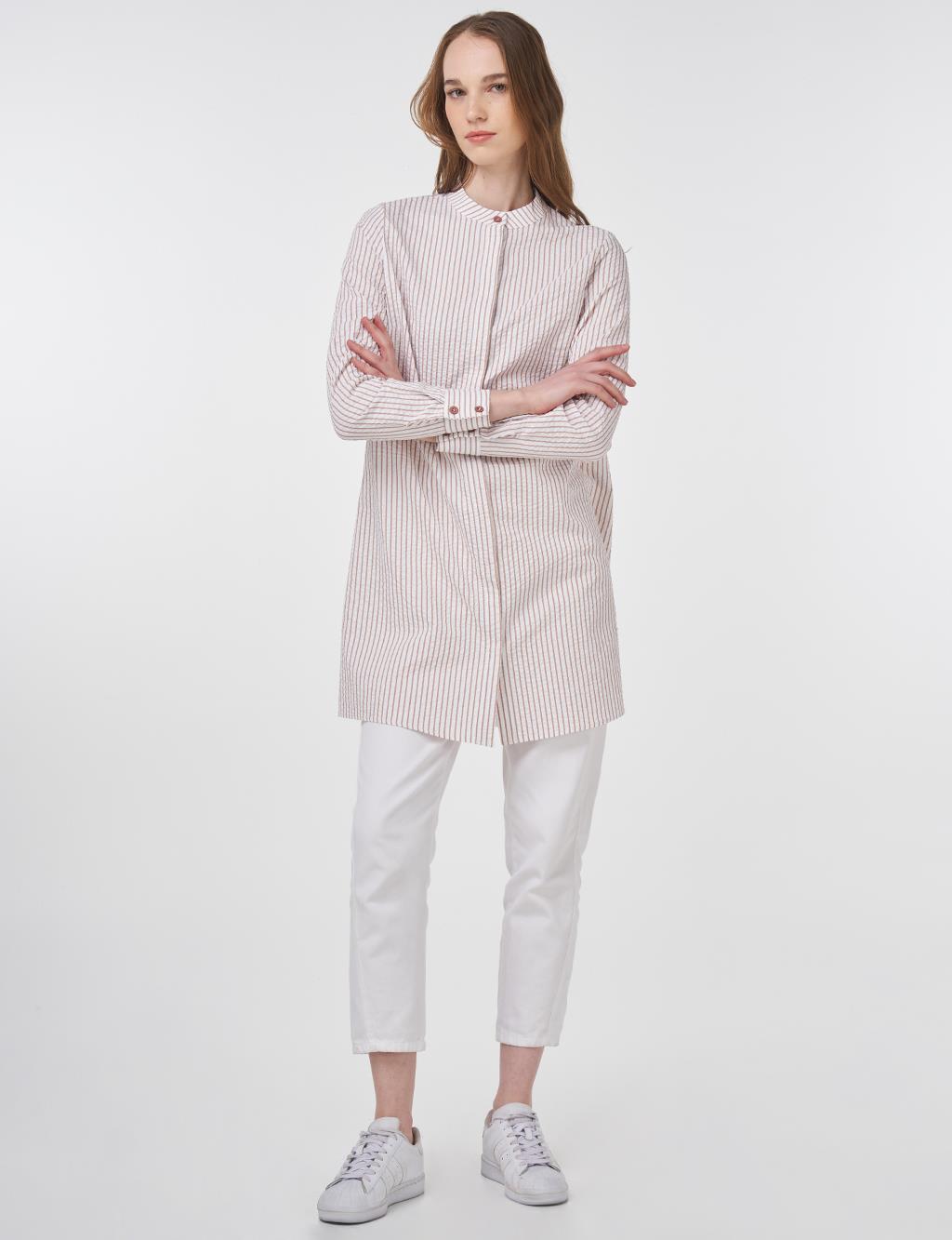 Mandarin Collar Cotton Basic Tunic Biscuit
