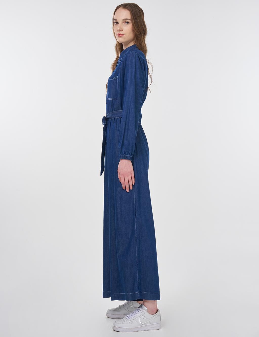 Belted Lyocell Jumpsuit in Navy Blue