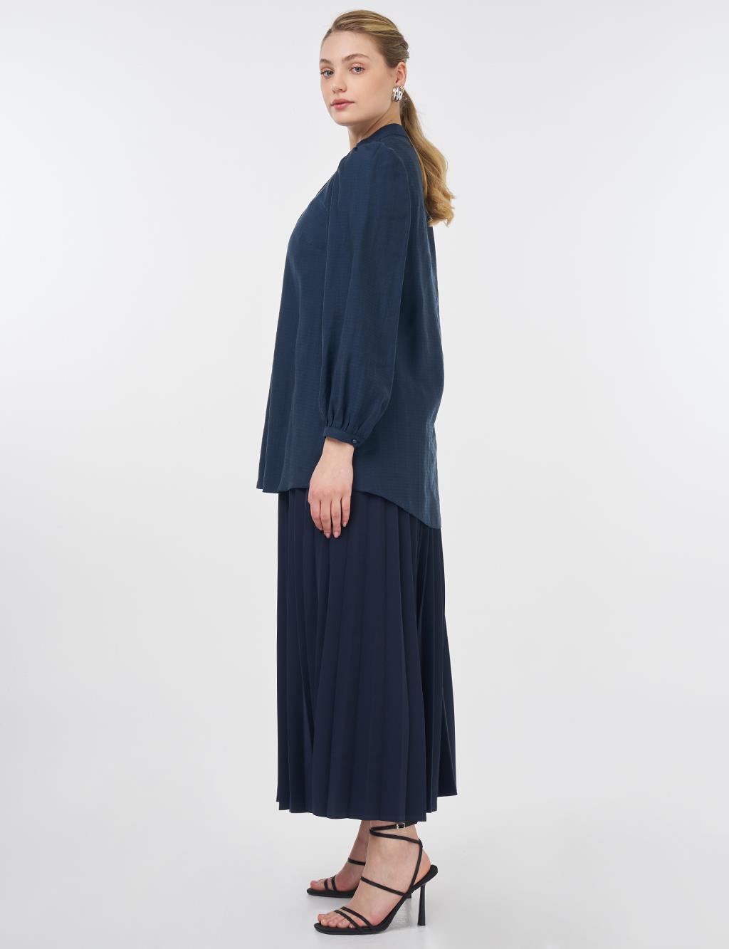 Mandarin Collar Lyocell Blouse Navy