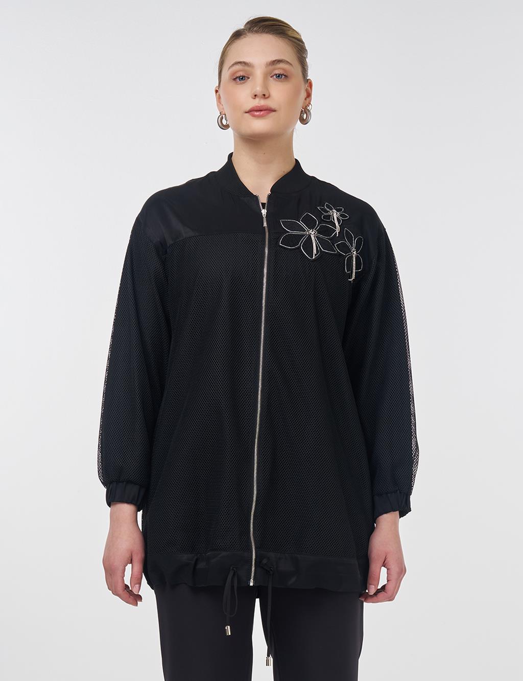 Mesh Detailed College Neck Jacket Black 