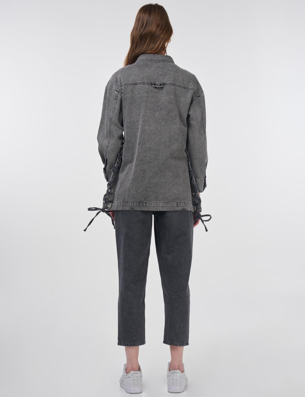 Drawstring Detailed Denim Jacket Anthracite