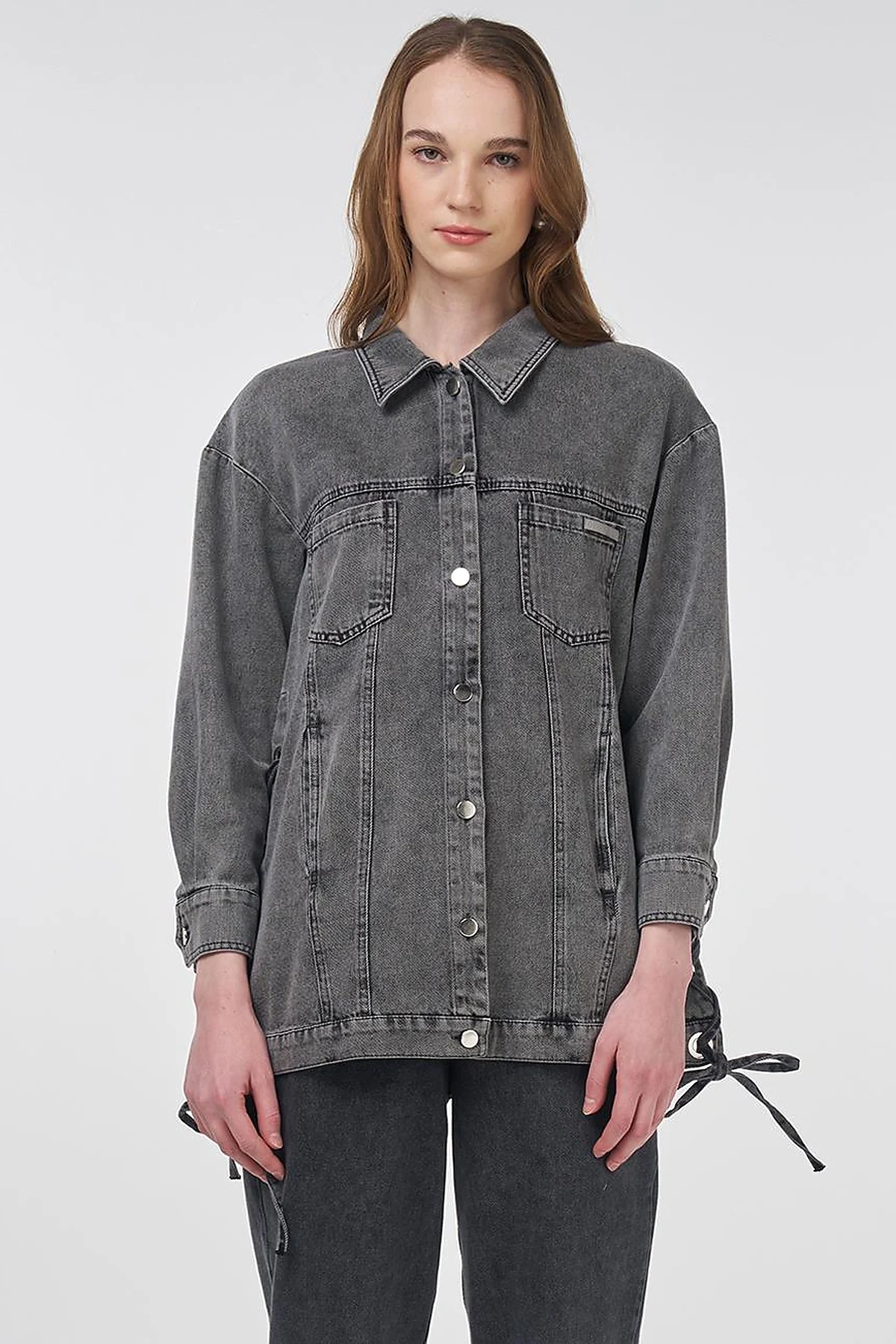 Drawstring Detailed Denim Jacket Anthracite
