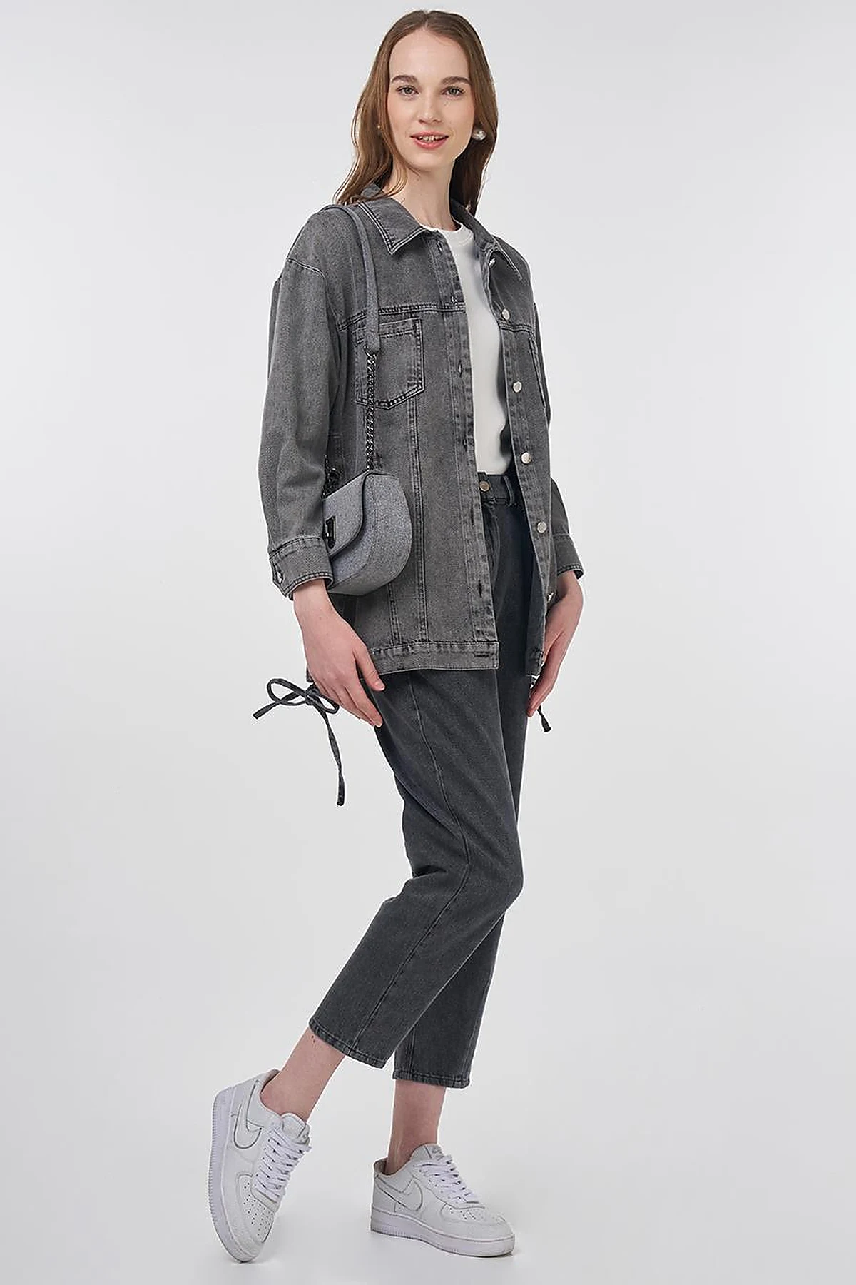 Drawstring Detailed Denim Jacket Anthracite