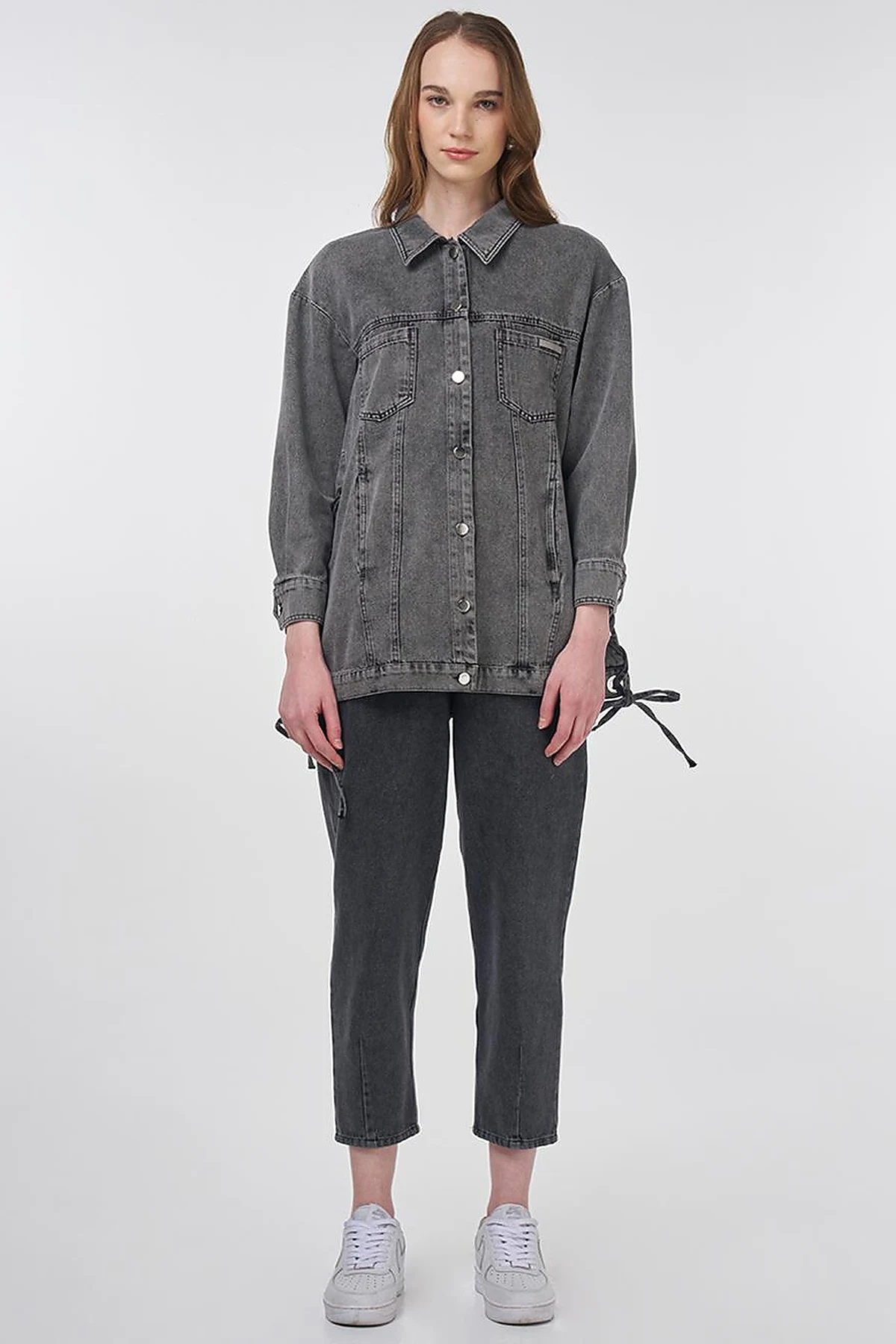 Drawstring Detailed Denim Jacket Anthracite
