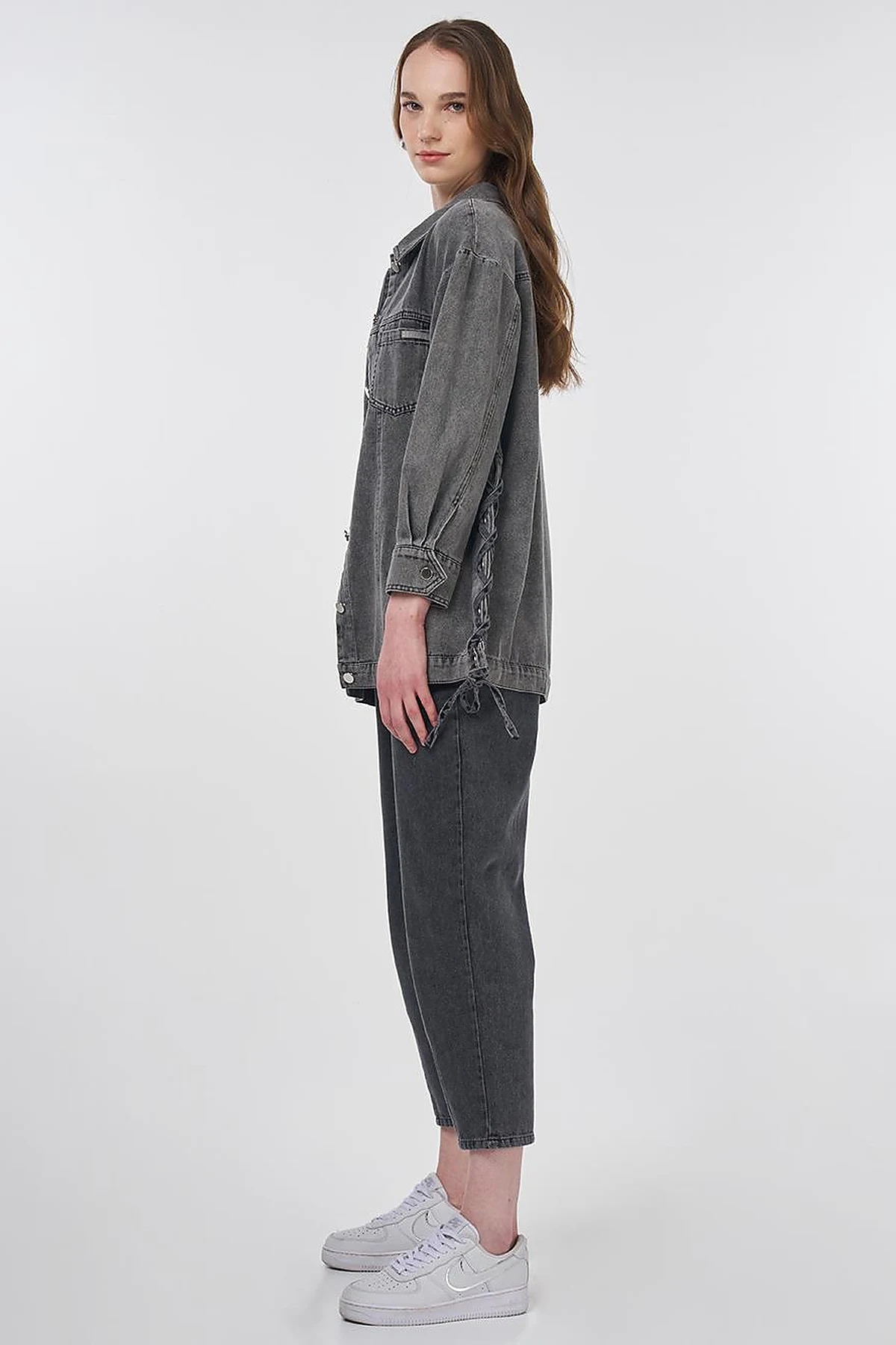 Drawstring Detailed Denim Jacket Anthracite