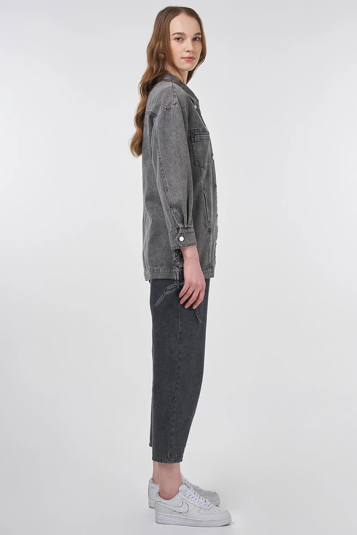 Drawstring Detailed Denim Jacket Anthracite