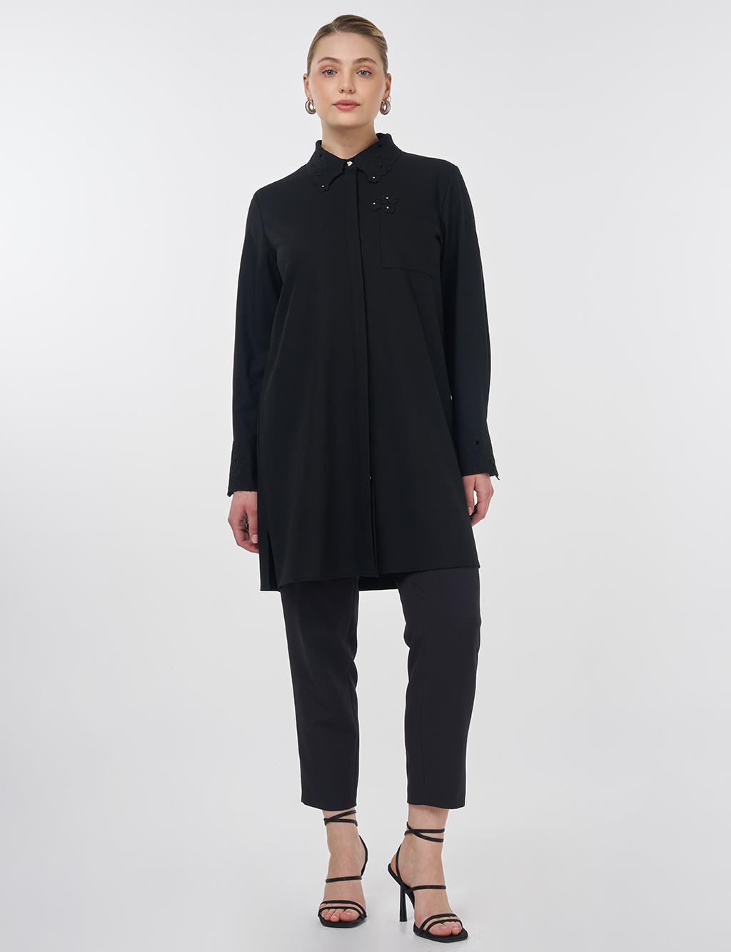 Embroidered Collar Appliqué Elegant Tunic Black