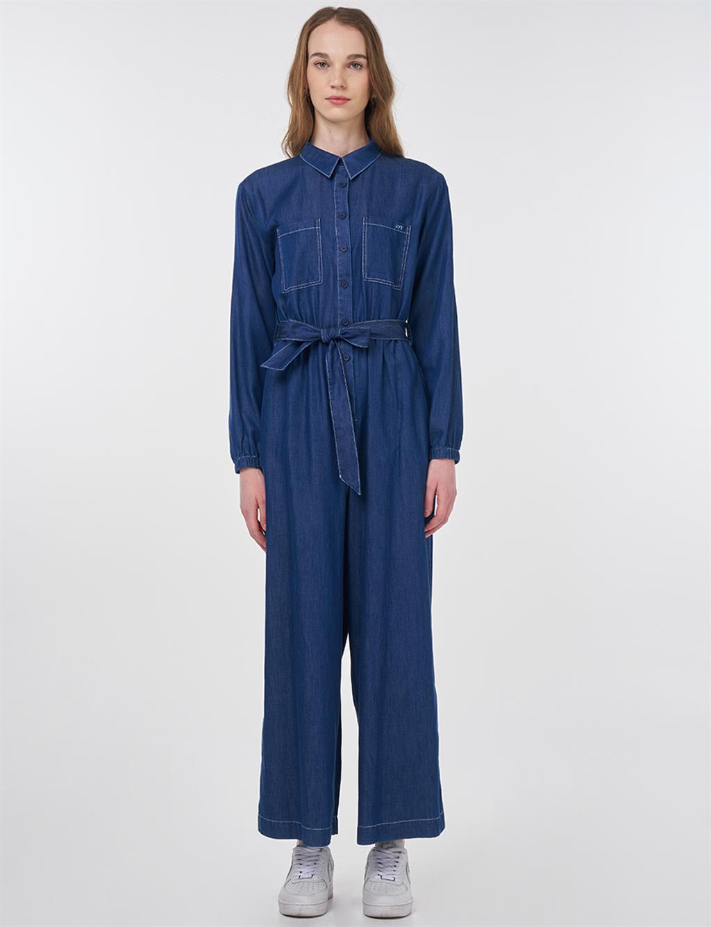 Belted Lyocell Jumpsuit in Navy Blue