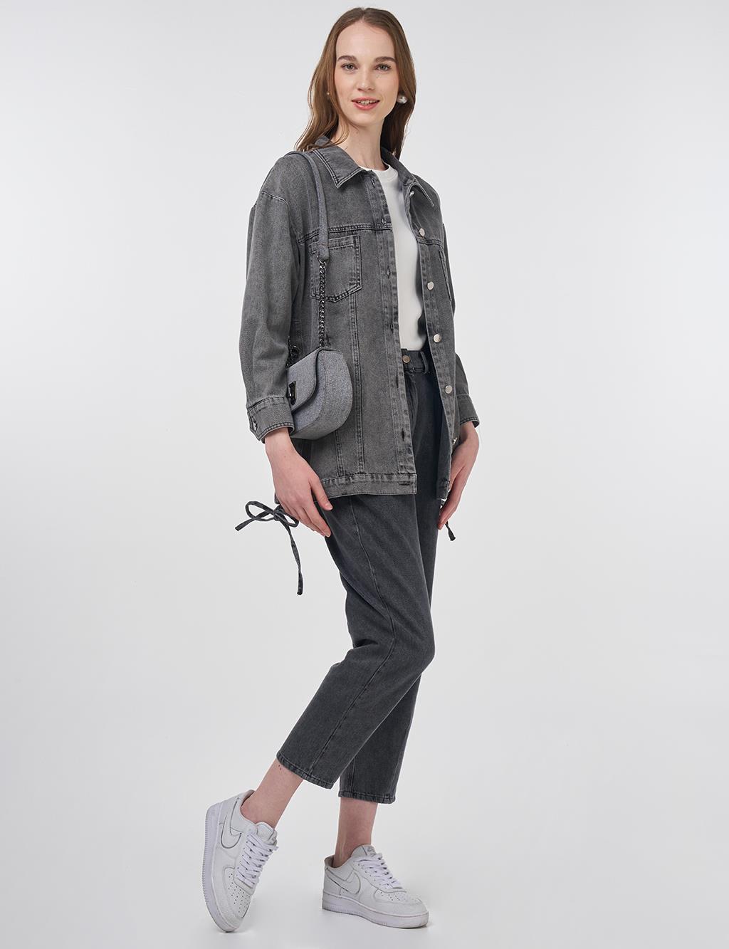 Drawstring Detailed Denim Jacket Anthracite
