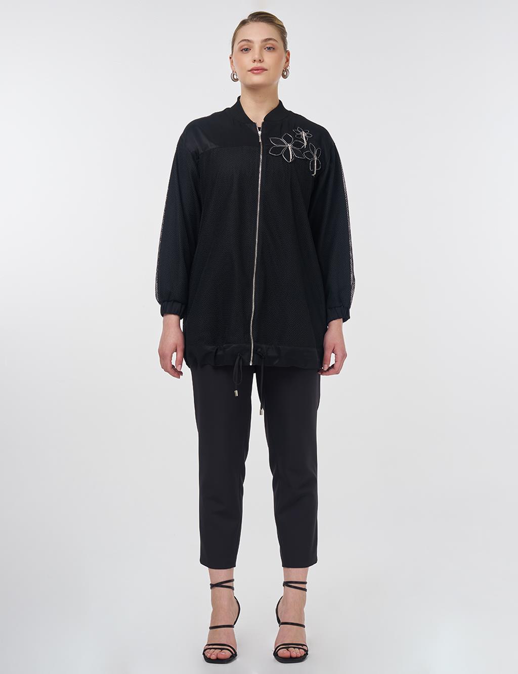 Mesh Detailed College Neck Jacket Black 