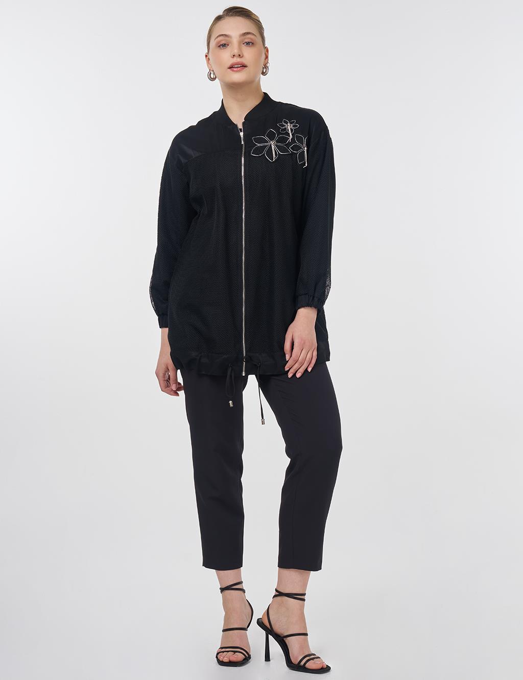 Mesh Detailed College Neck Jacket Black 