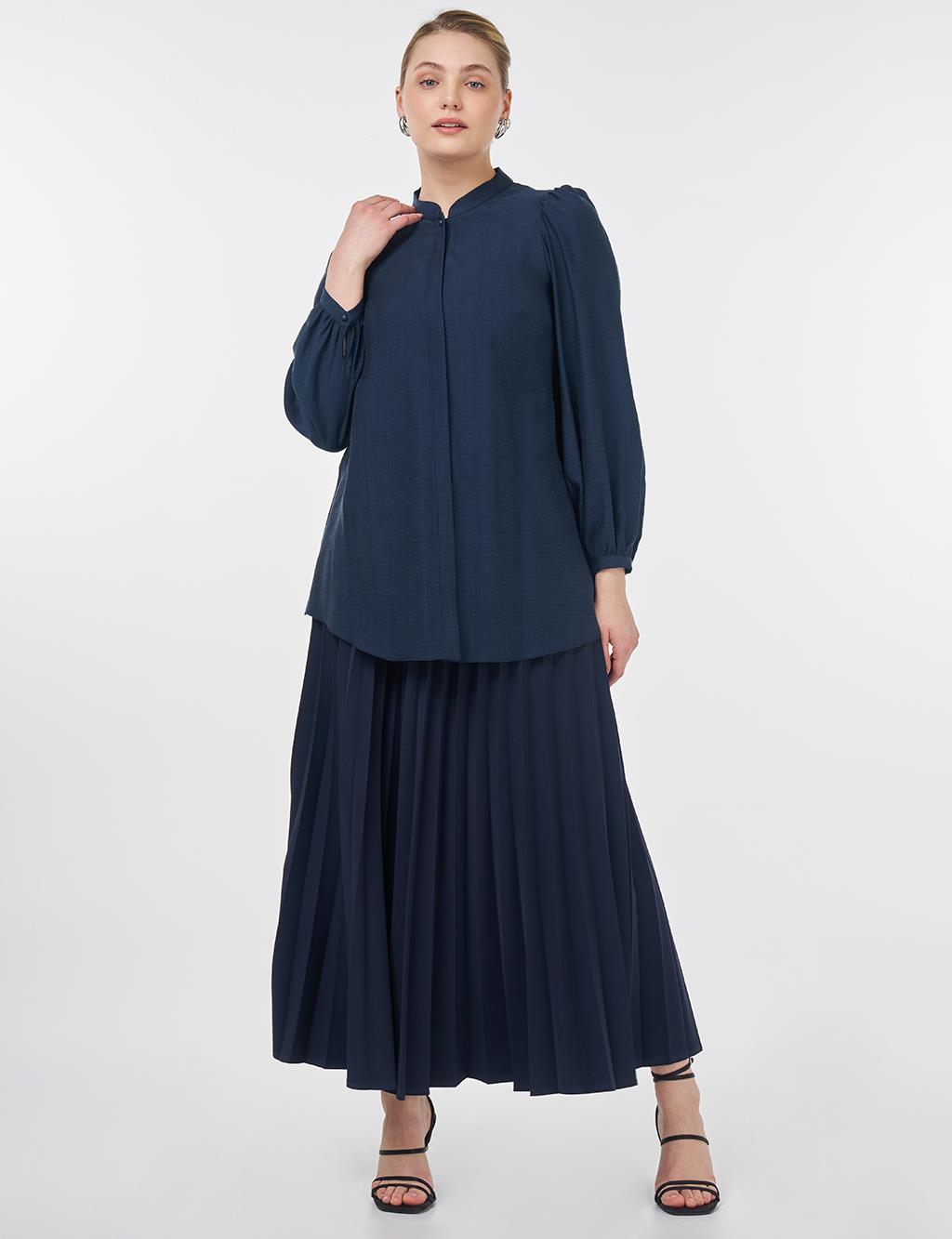 Mandarin Collar Lyocell Blouse Navy
