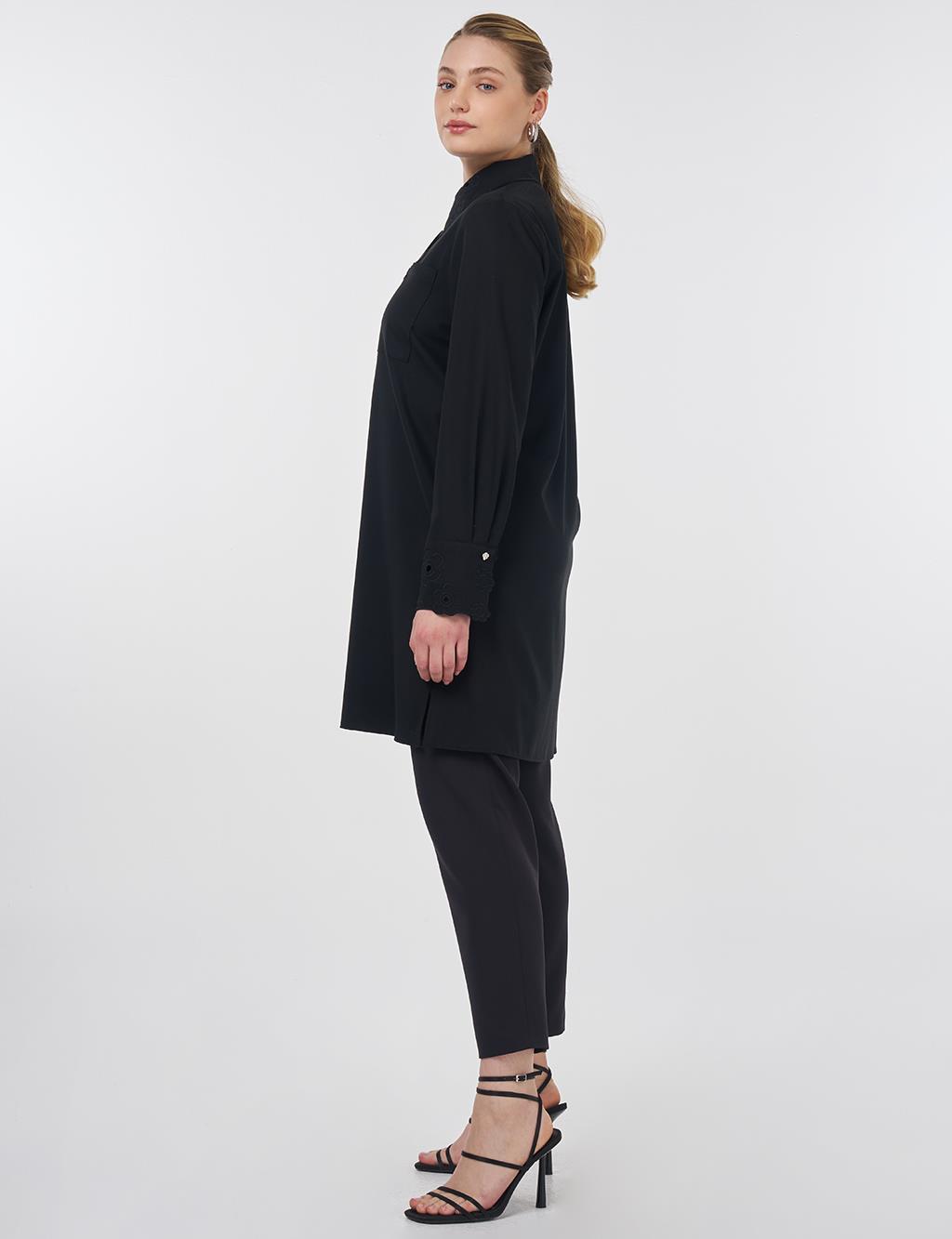 Embroidered Collar Appliqué Elegant Tunic Black