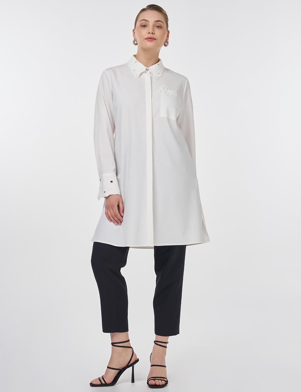 Embroidered Collar Appliqué Elegant Tunic Ecru