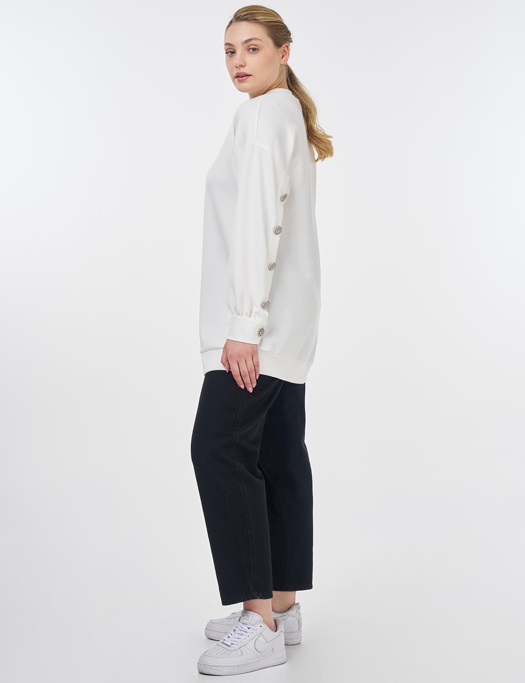 Düğme Detaylı Scuba Sweatshirt Ekru
