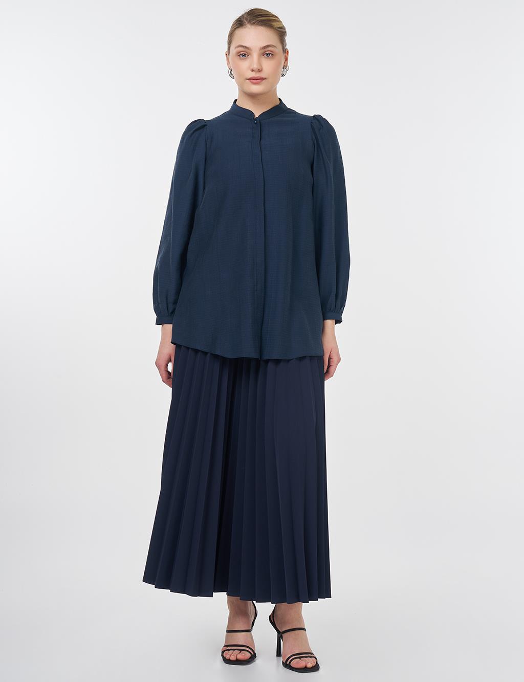 Mandarin Collar Lyocell Blouse Navy