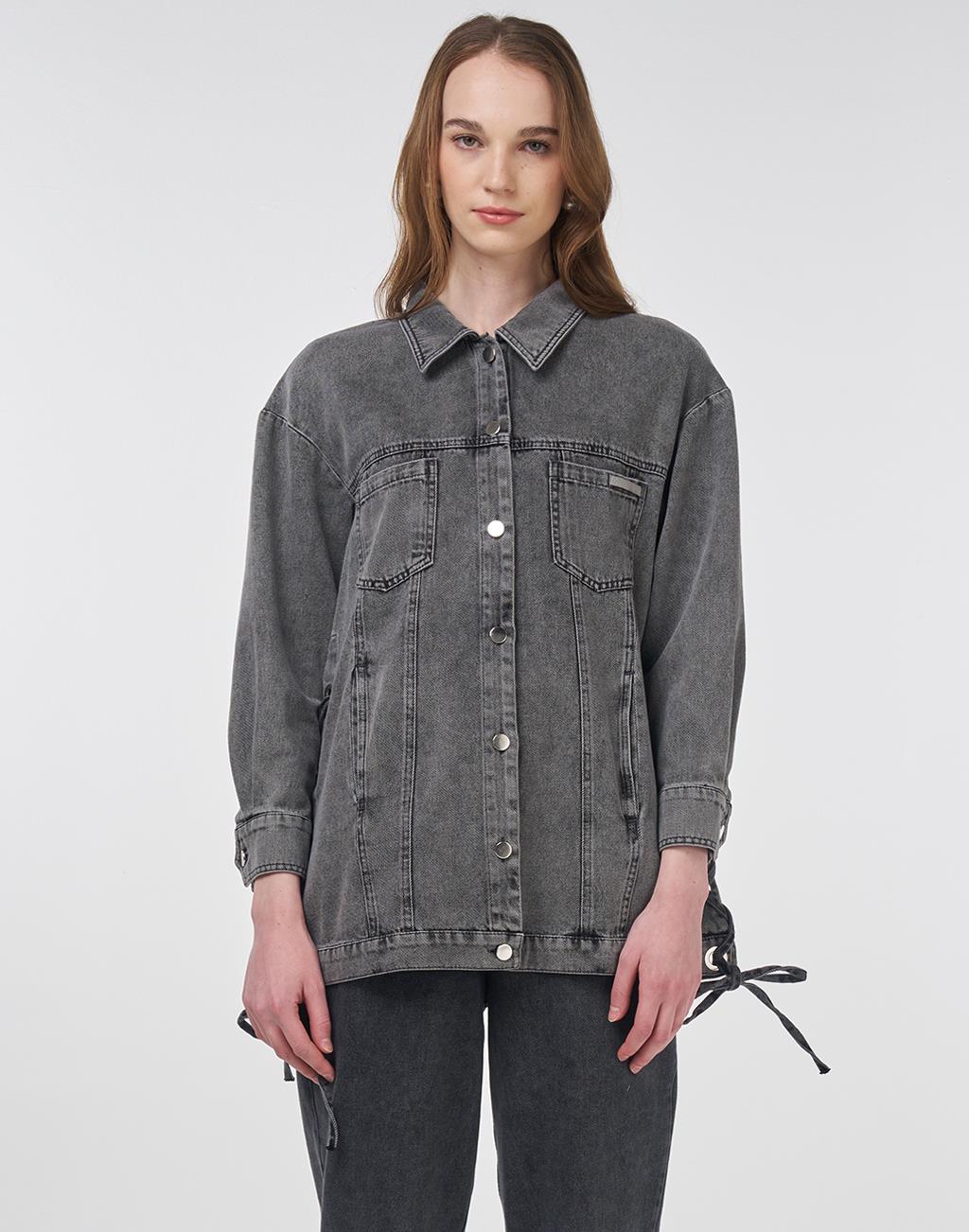 Drawstring Detailed Denim Jacket Anthracite