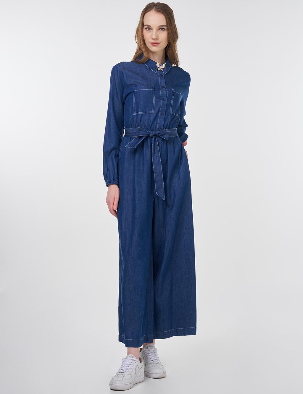 Belted Lyocell Jumpsuit in Navy Blue