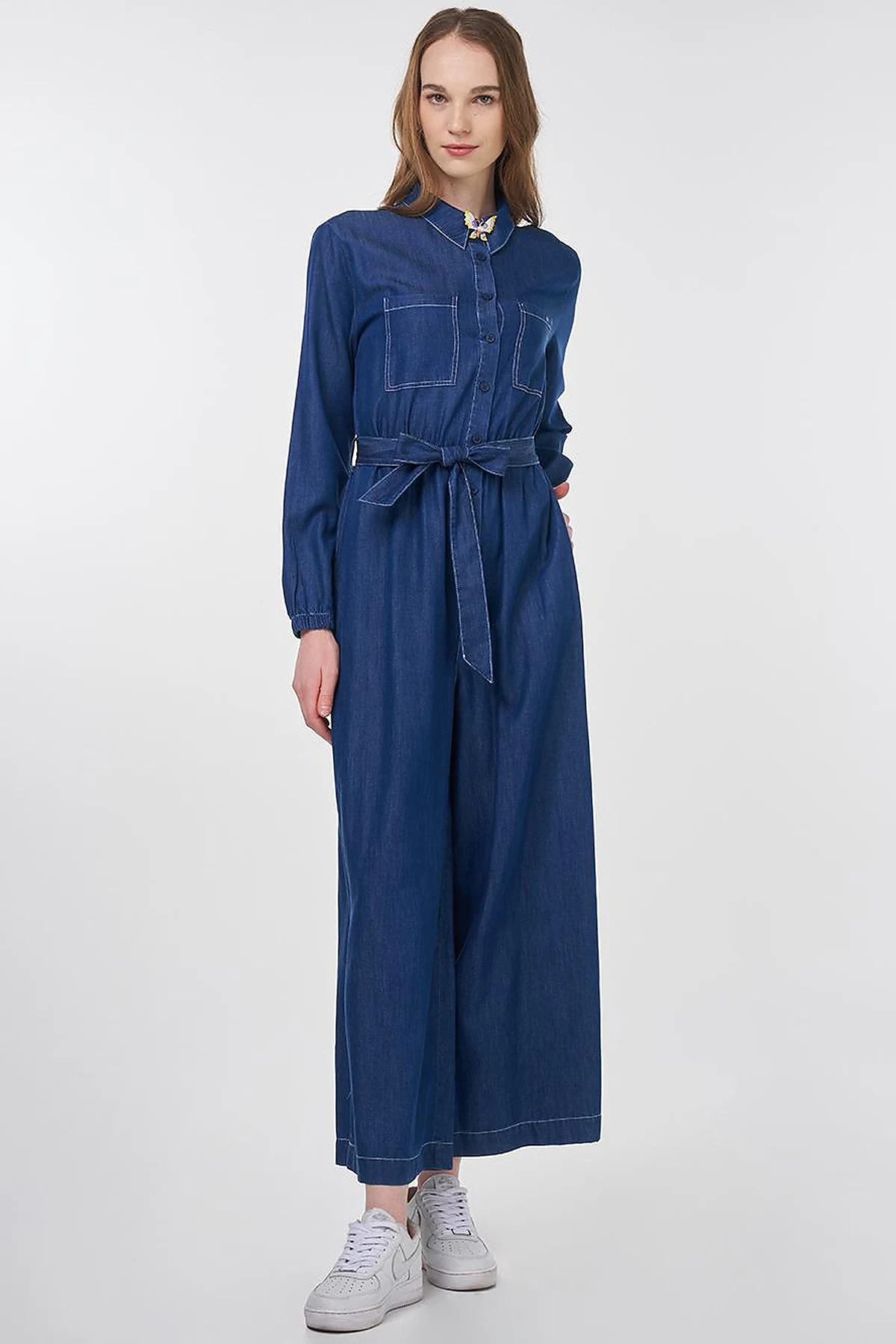 Belted Lyocell Jumpsuit in Navy Blue