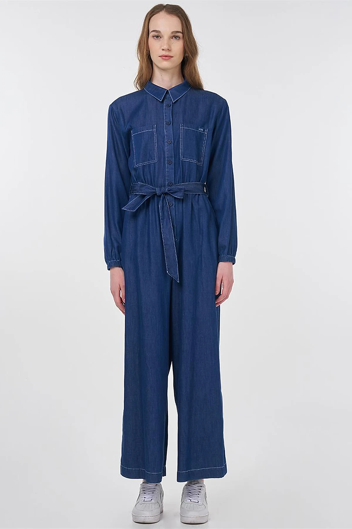 Belted Lyocell Jumpsuit in Navy Blue