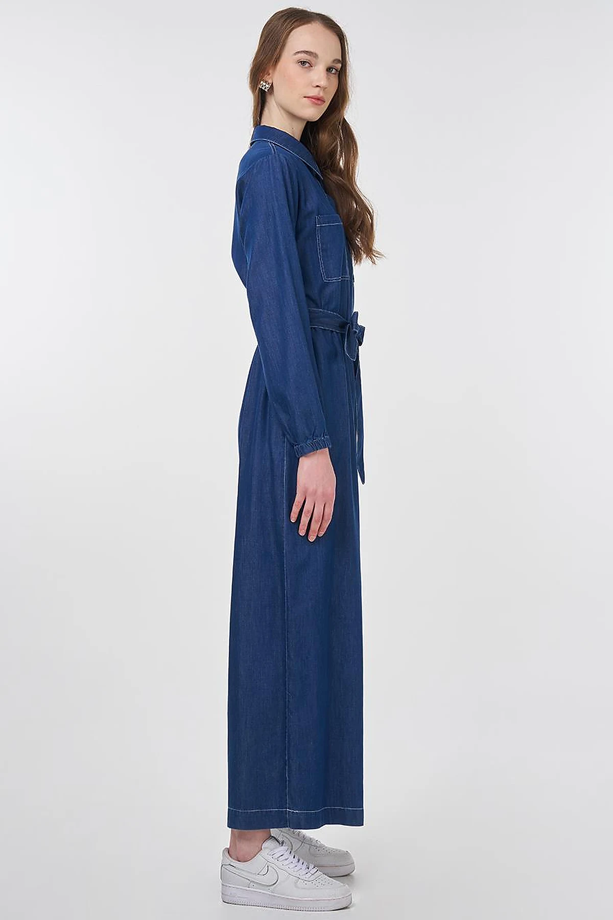 Belted Lyocell Jumpsuit in Navy Blue
