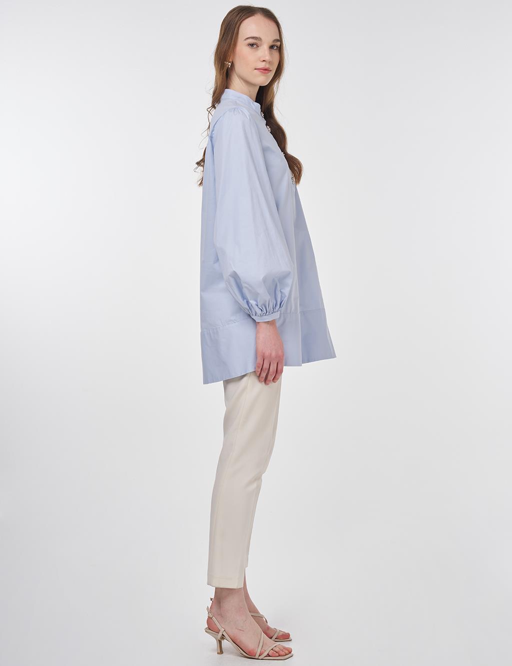 Shiny Buttoned Cotton Tunic Blue