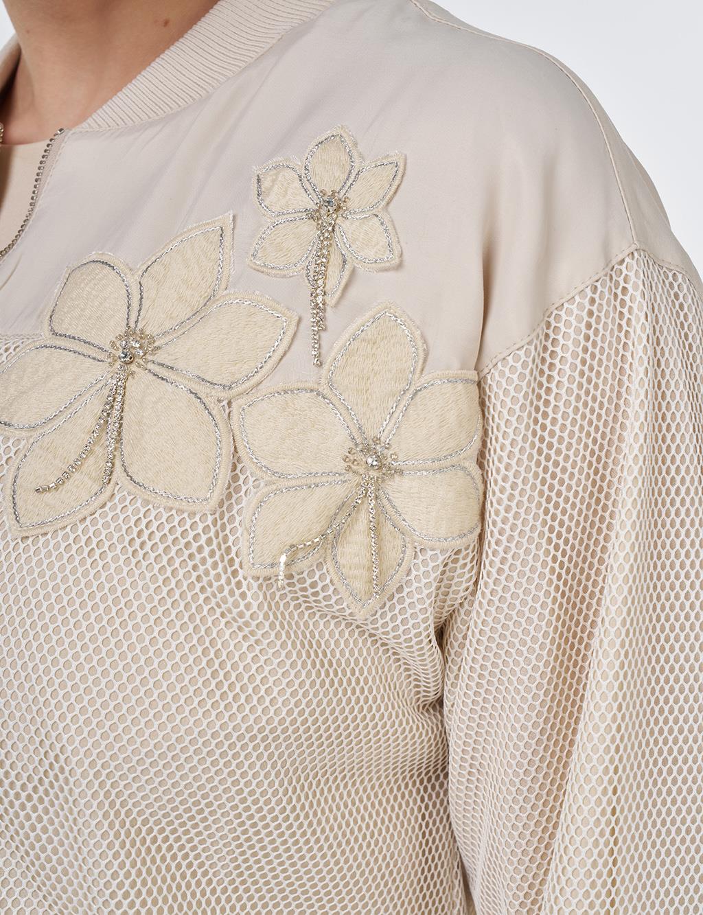 Mesh Detailed College Neck Jacket Stone 