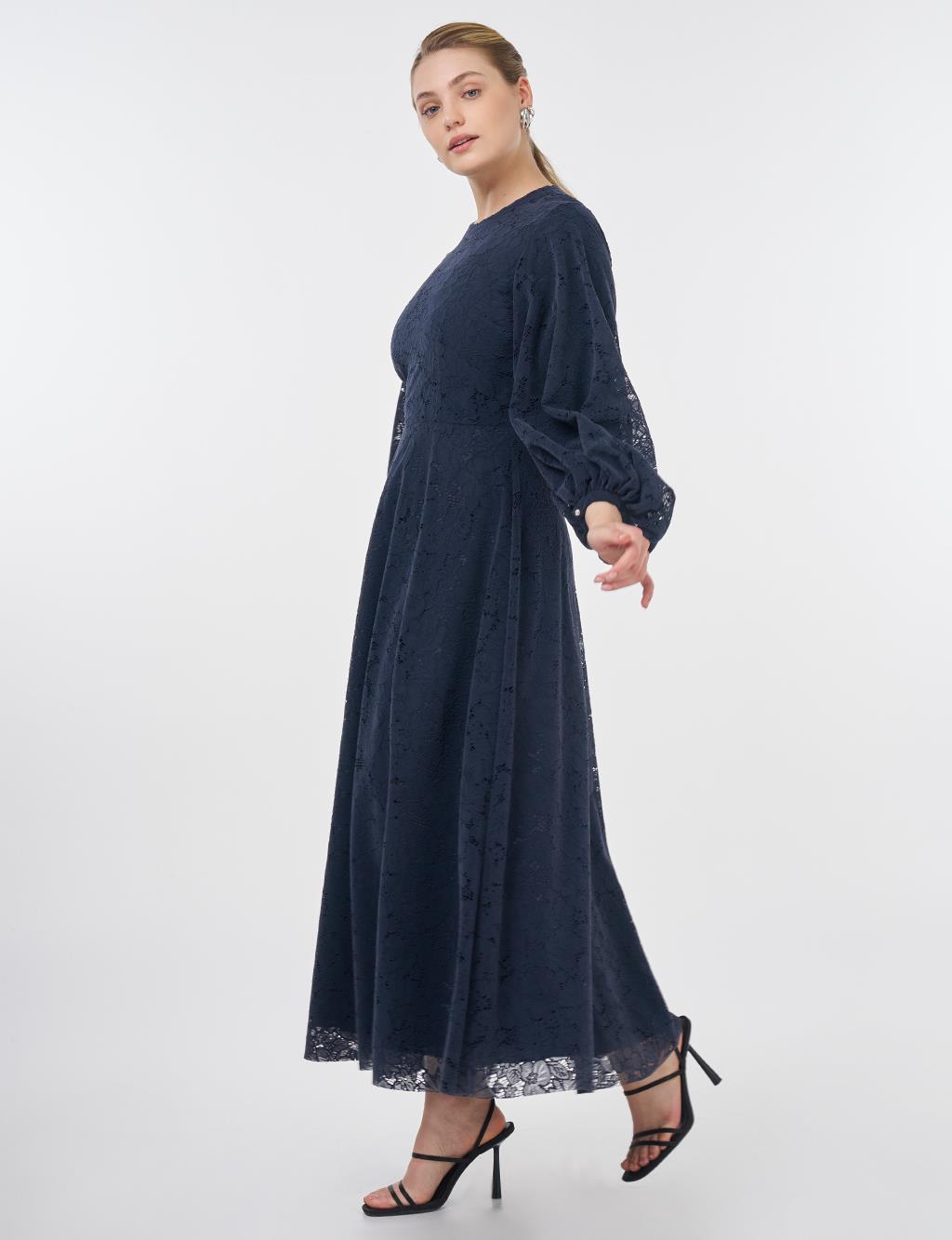 Crew Neck Lace Dress Indigo 