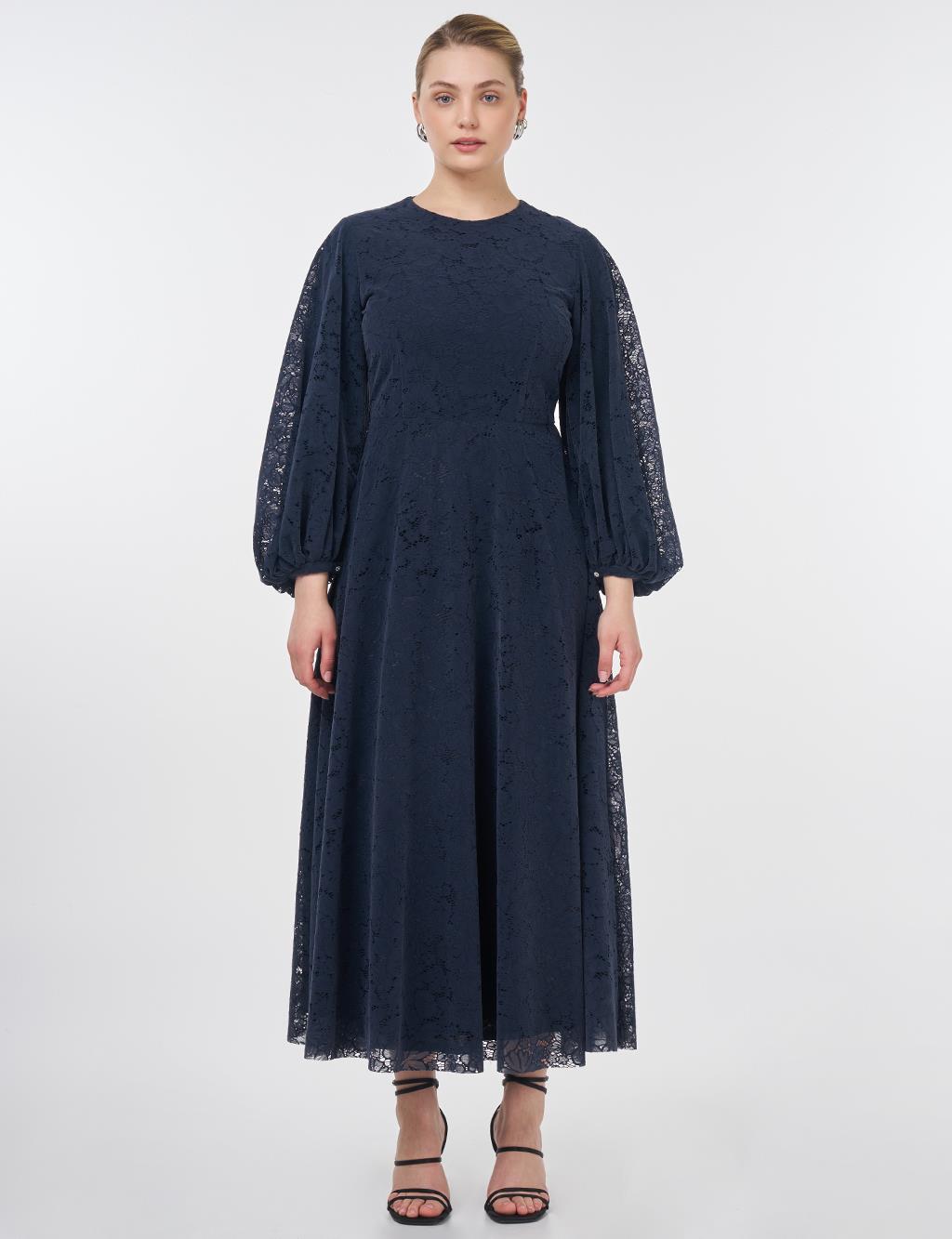Crew Neck Lace Dress Indigo 