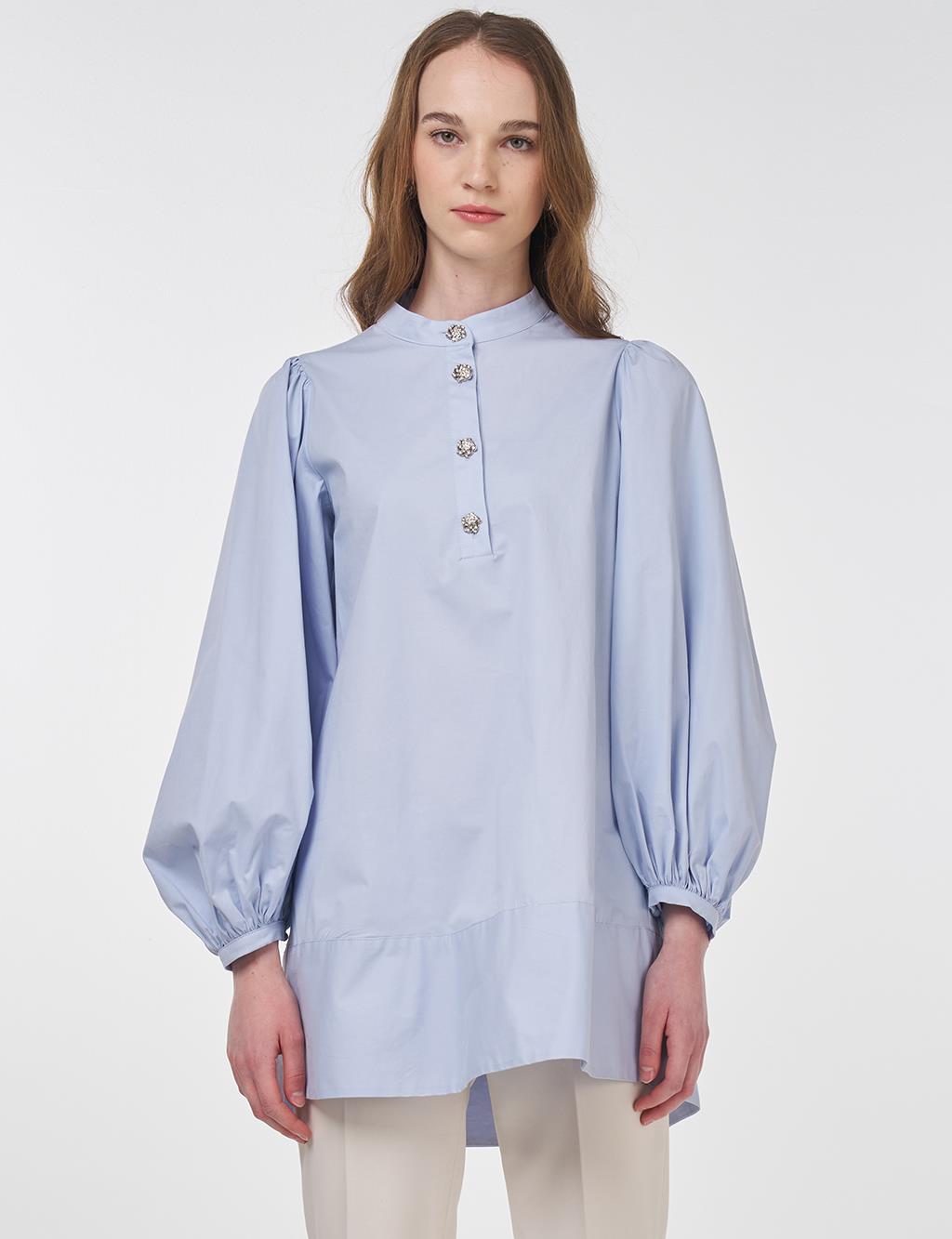 Shiny Buttoned Cotton Tunic Blue