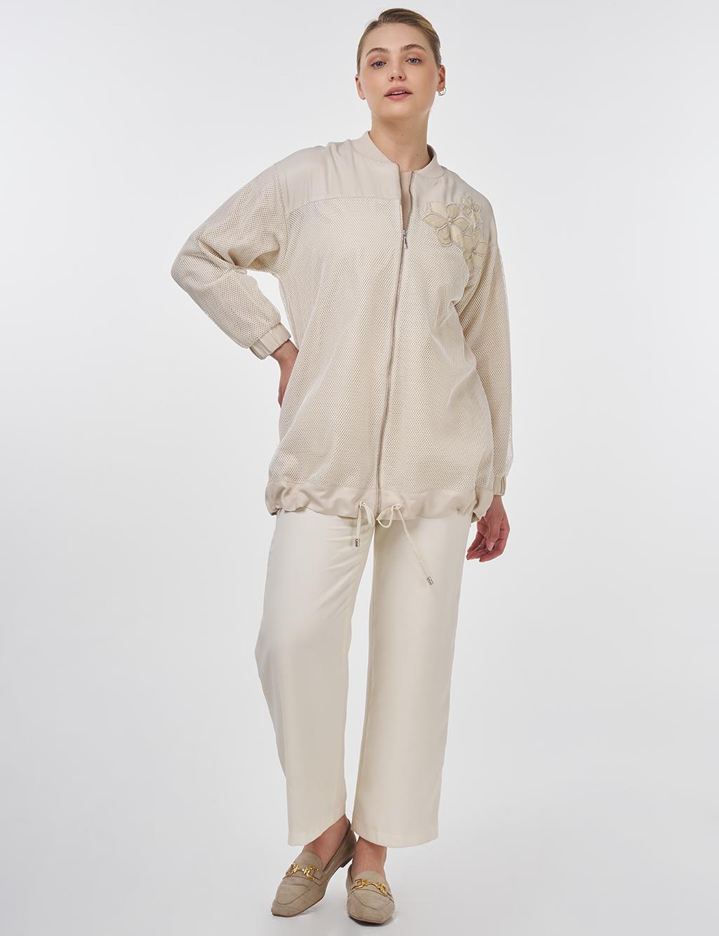 Mesh Detailed College Neck Jacket Stone 