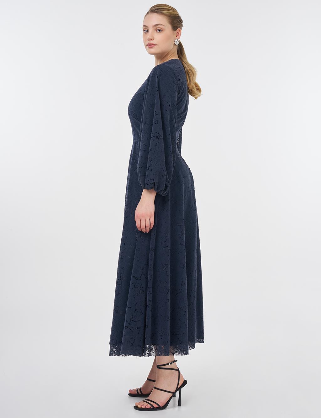 Crew Neck Lace Dress Indigo 