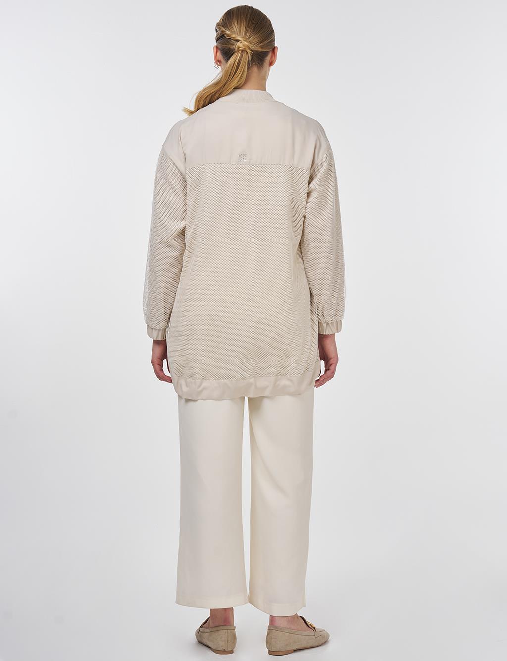 Mesh Detailed College Neck Jacket Stone 