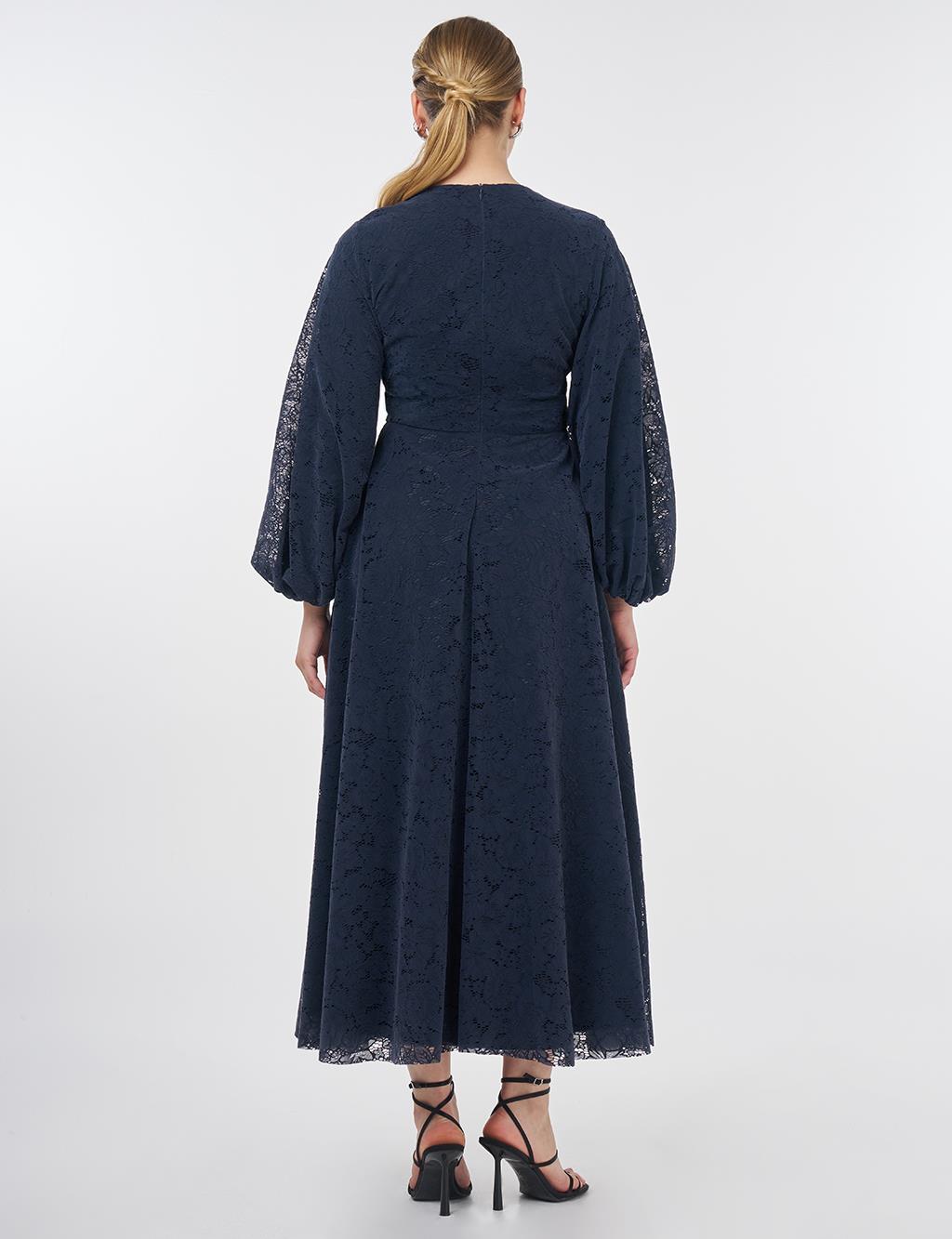 Crew Neck Lace Dress Indigo 
