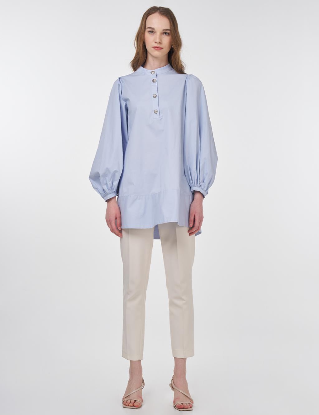 Shiny Buttoned Cotton Tunic Blue