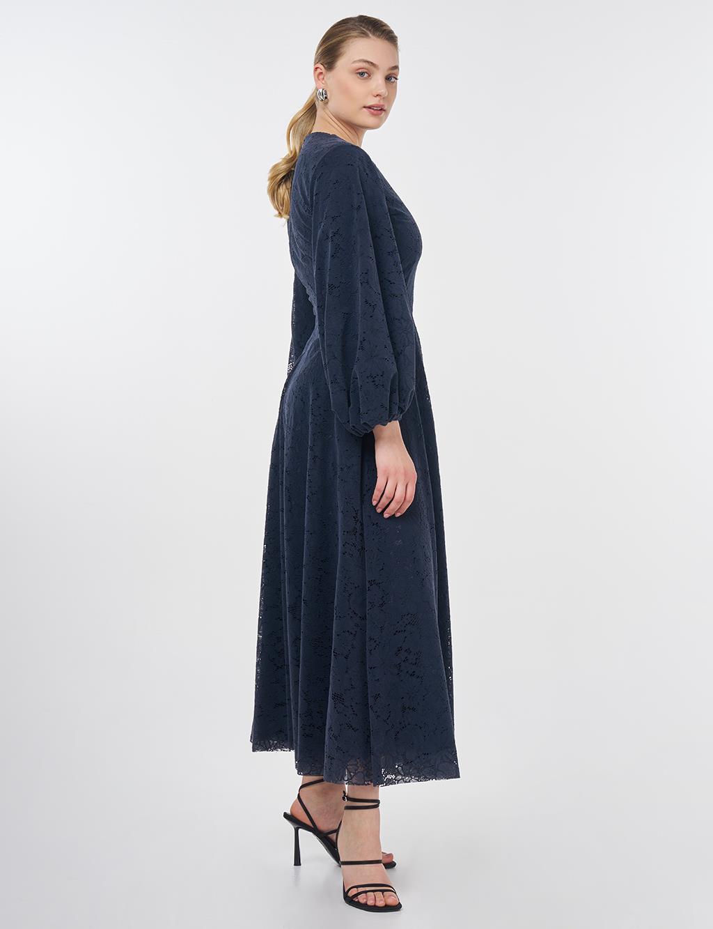 Crew Neck Lace Dress Indigo 