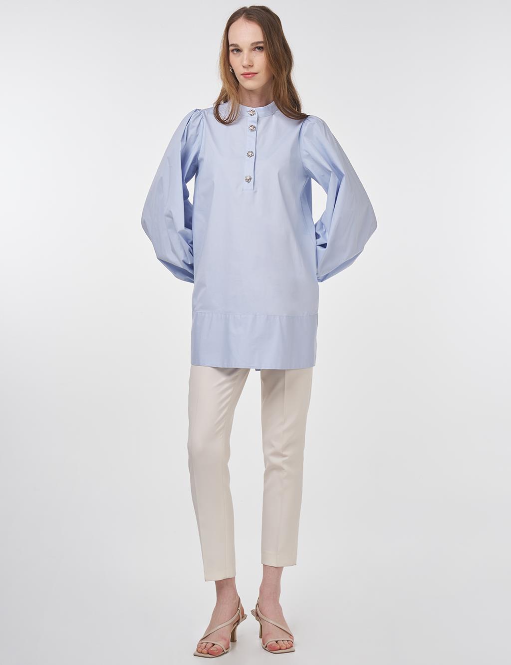 Shiny Buttoned Cotton Tunic Blue
