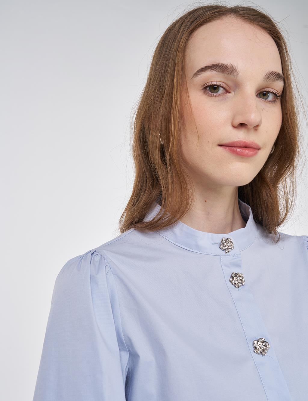 Shiny Buttoned Cotton Tunic Blue