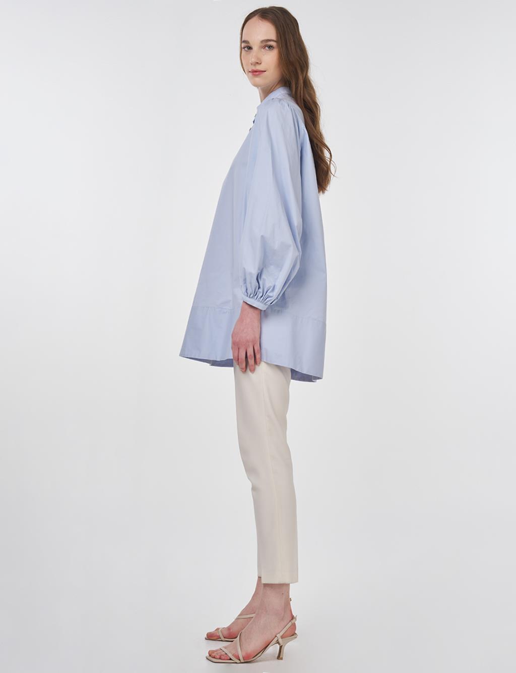 Shiny Buttoned Cotton Tunic Blue
