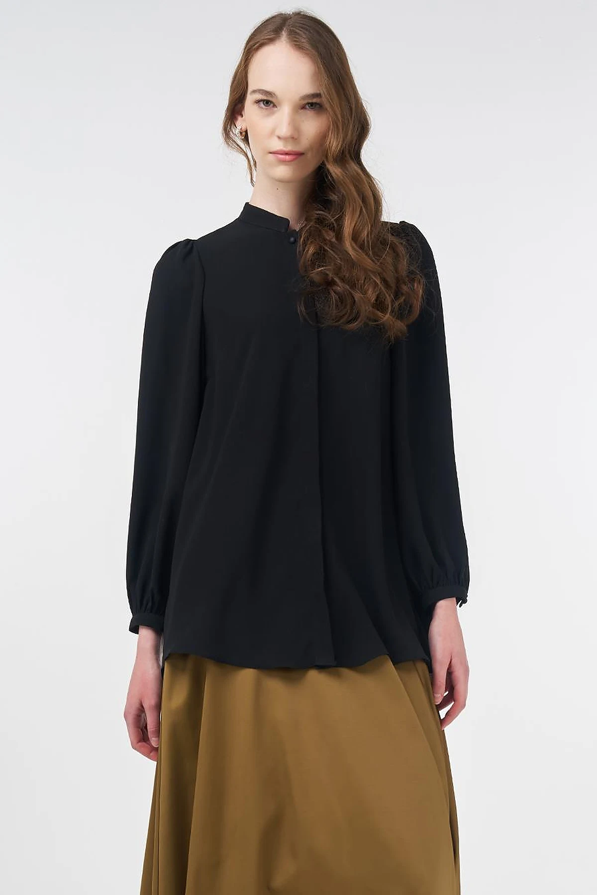 Mandarin Collar Asymmetrical Cut Blouse Black