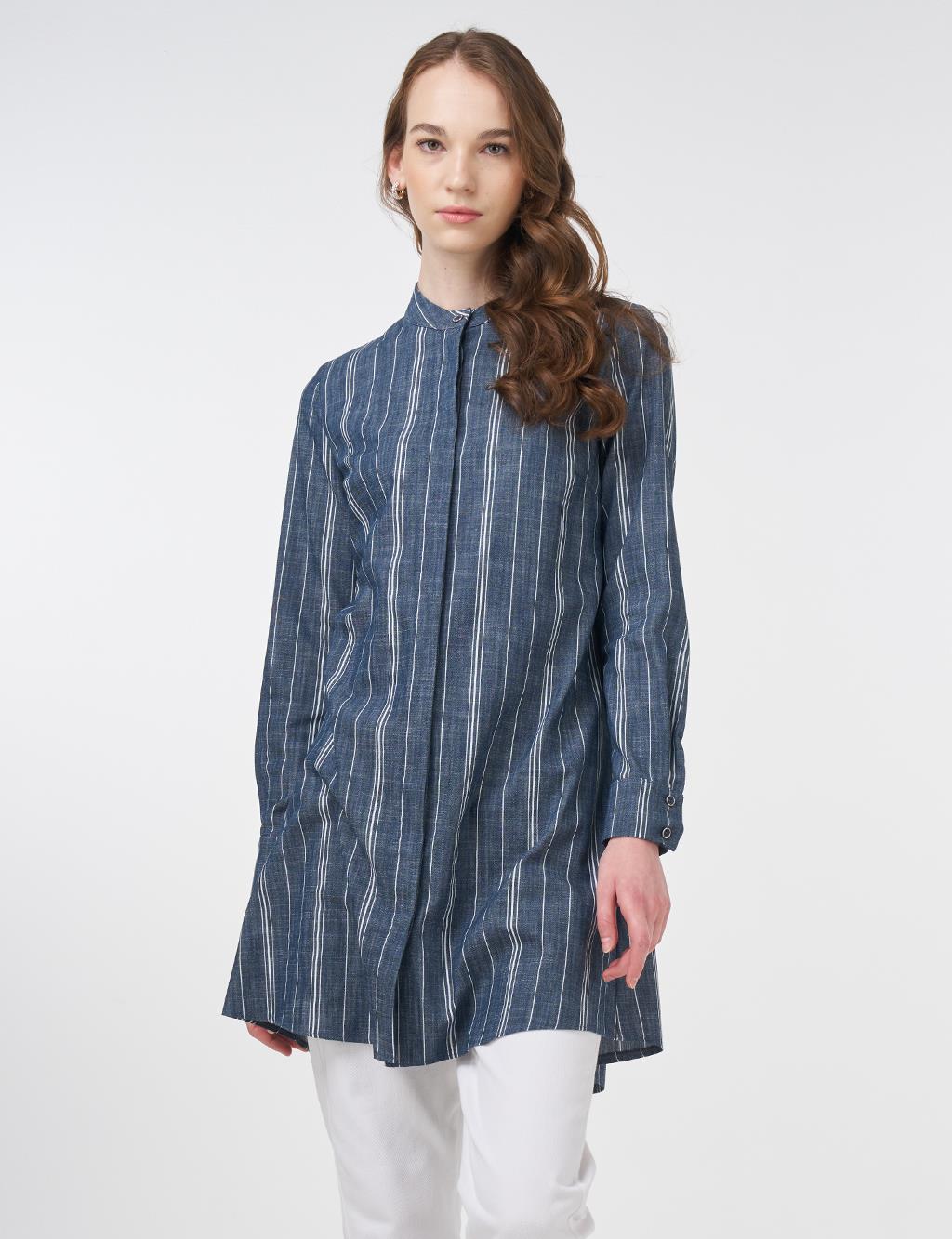 Striped Cotton Blend Basic Tunic Navy Blue