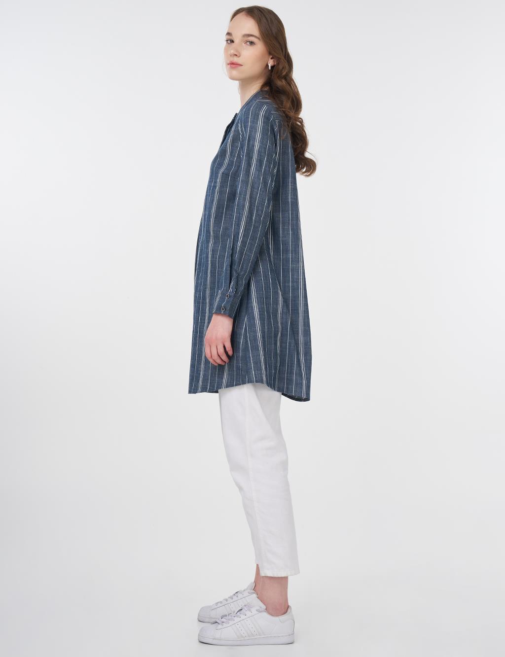 Striped Cotton Blend Basic Tunic Navy Blue