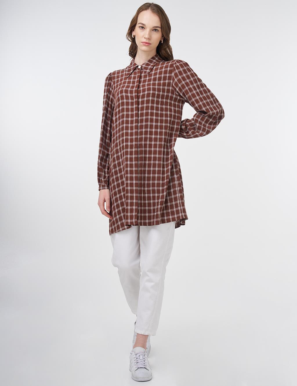 Checkered Basic Tunic Brown