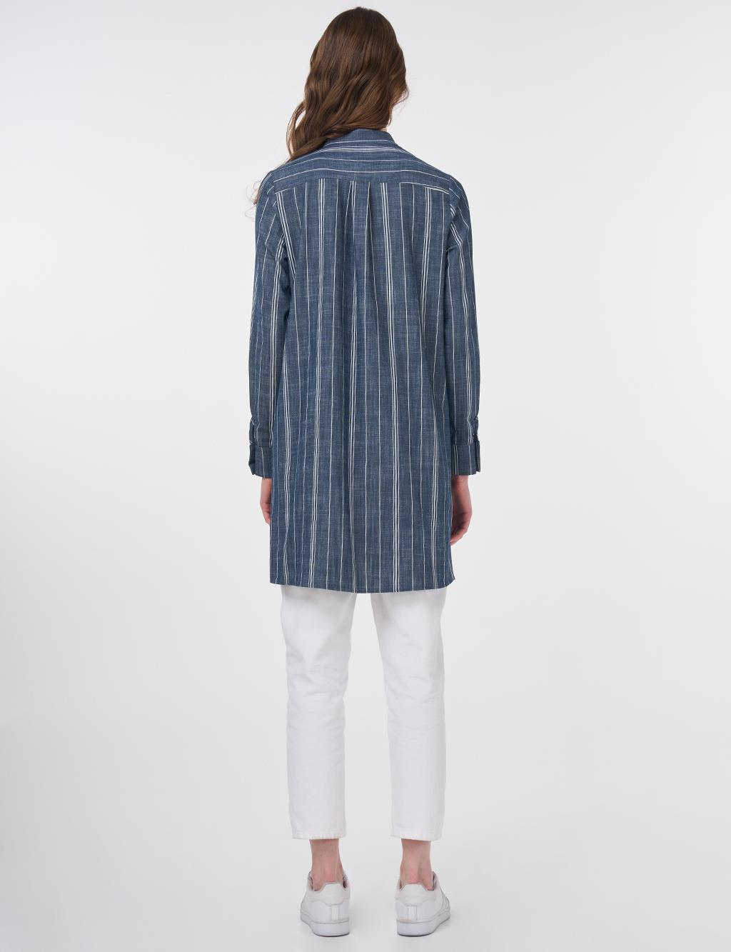 Striped Cotton Blend Basic Tunic Navy Blue