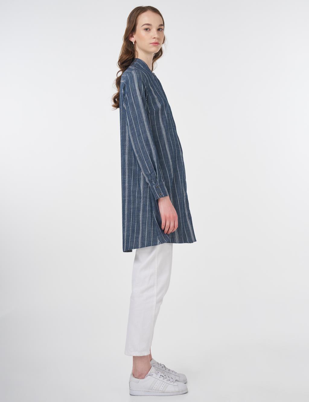 Striped Cotton Blend Basic Tunic Navy Blue