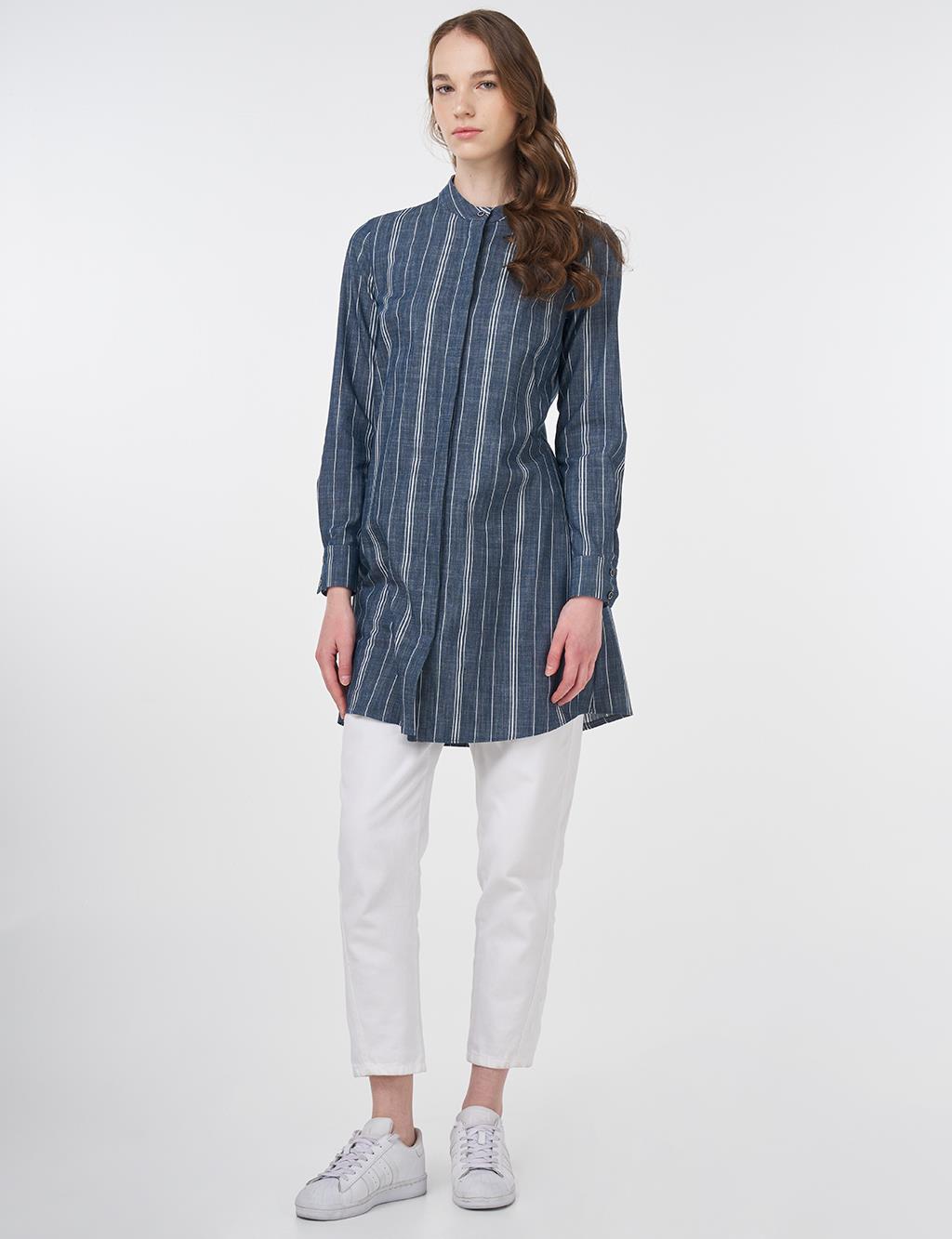 Striped Cotton Blend Basic Tunic Navy Blue