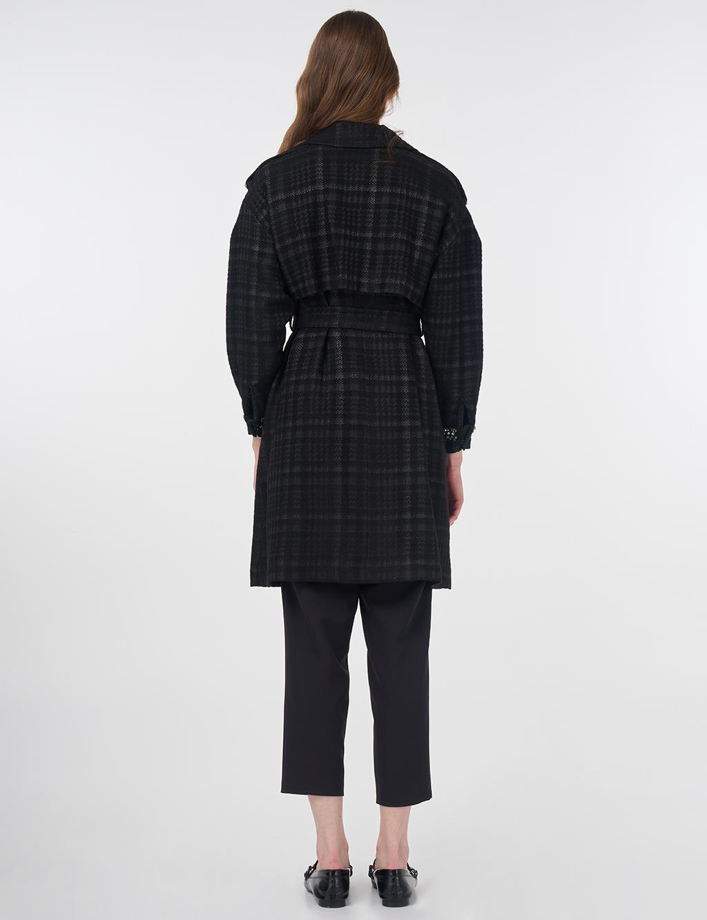 Animal Print Patterned Stone-Embellished Trench Coat Black