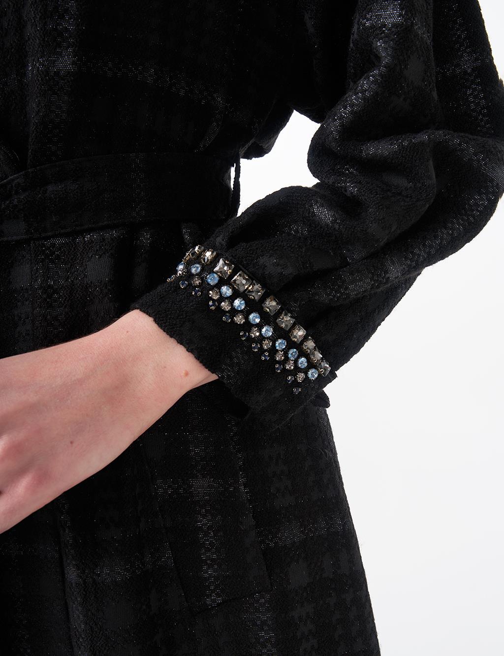 Animal Print Patterned Stone-Embellished Trench Coat Black