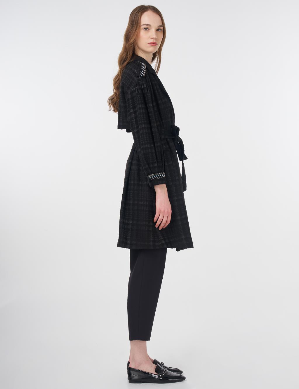 Animal Print Patterned Stone-Embellished Trench Coat Black